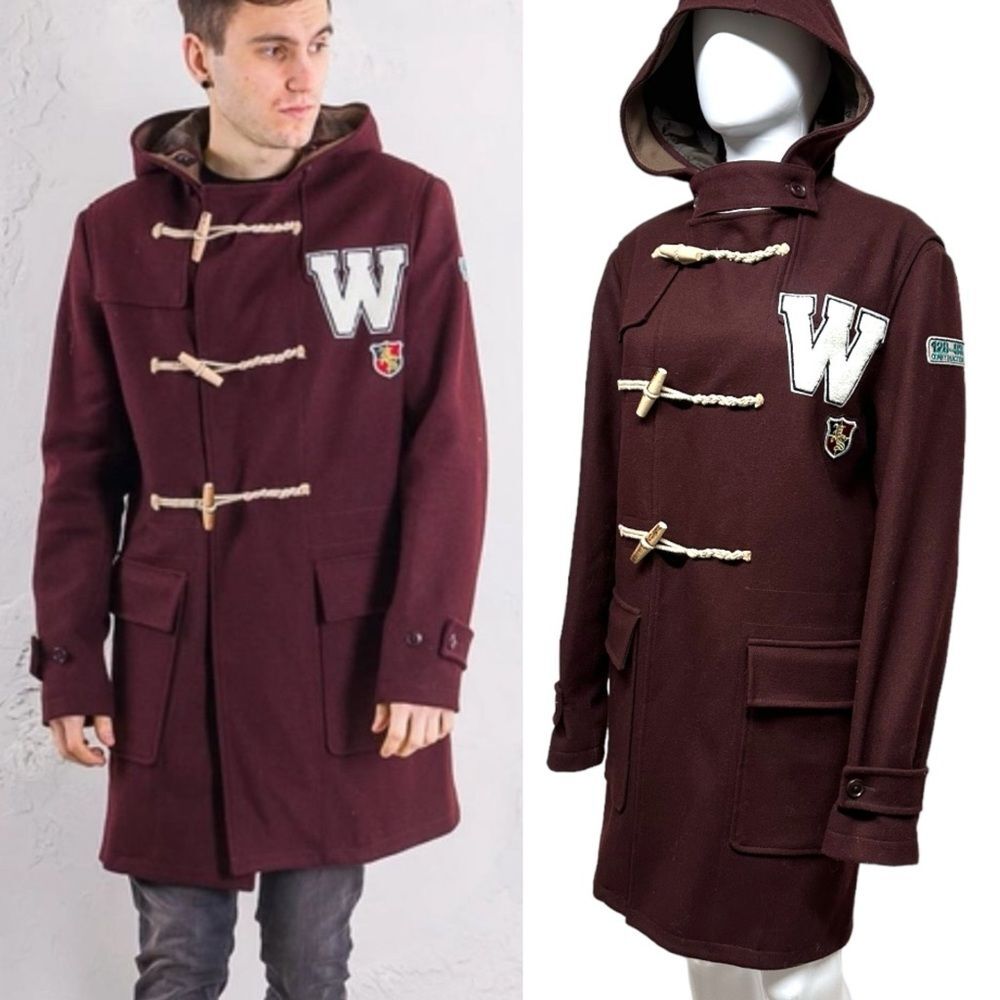 ZARA Men Maroon Hooded Pea Toggle Military Coat with Patches Wool Blend Size M